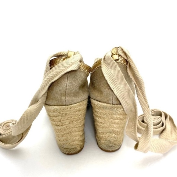 TORY Burch Canvas Lace up Ankle Espadrilles Wedge Heel In Gold Size 9 - Picture 7 of 8